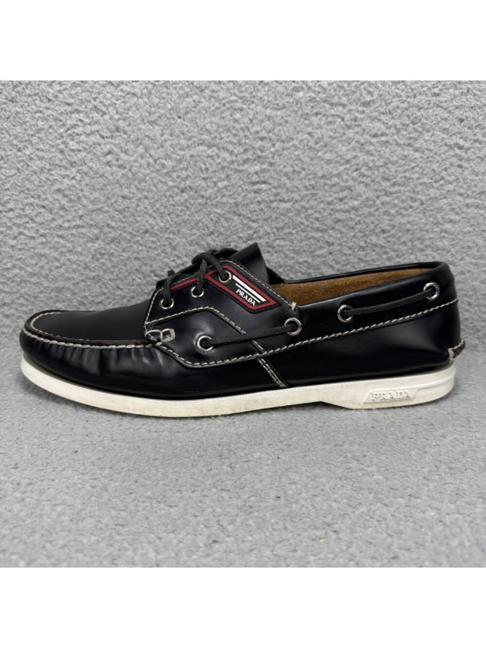 Prada Boat Shoes Men 11 / UK 10 Black Brushed Spazzolato Leather Lace Up Loafers - Picture 2 of 14